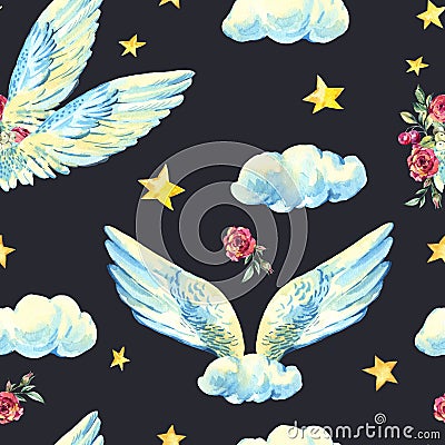 Vintage watercolor angel wings seamless pattern Stock Photo