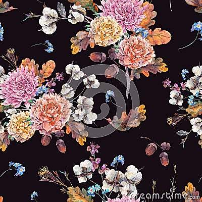 Vintage watercolor autumn seamless pattern Cartoon Illustration