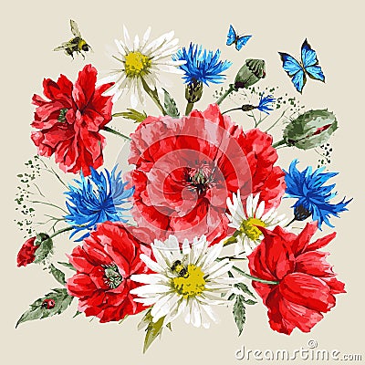 Vintage watercolor bouquet of wildflowers, poppies Vector Illustration