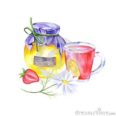 Vintage watercolor composition of honey and red tea Stock Photo