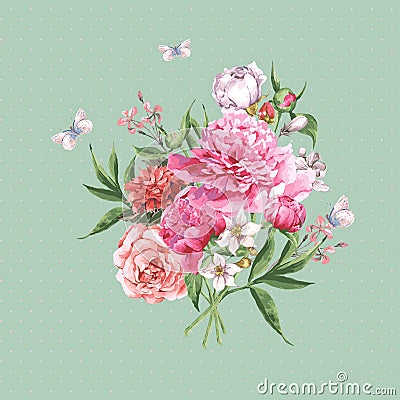 Vintage Watercolor Greeting Card with Blooming Vector Illustration