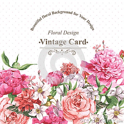 Vintage Watercolor Greeting Card with Blooming Vector Illustration