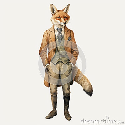 Vintage Watercolor Illustration Of A Fox In A Suit And Tie Cartoon Illustration