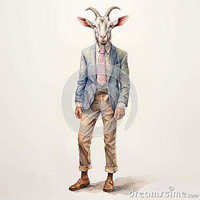 Vintage Watercolor Illustration Of A Goat In A Suit Stock Photo