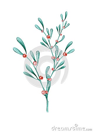 Vintage watercolor illustration mistletoe branch. Christmas card. Cartoon Illustration