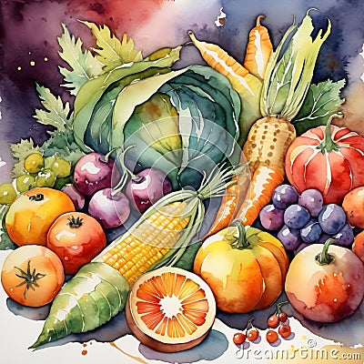Vintage watercolor painting illustration of assorted harvest vegetables and fruits, showing abundance Cartoon Illustration