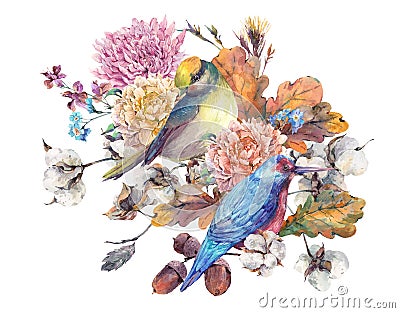 Vintage watercolor pair of birds with autumn bouquet Cartoon Illustration