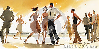 Vintage watercolor people dancing party on beach Stock Photo