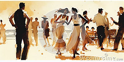 Vintage watercolor people dancing party on beach Stock Photo