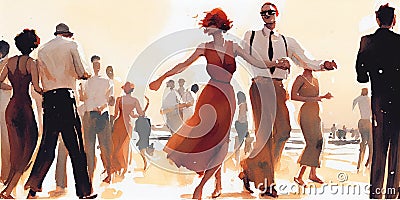 Vintage watercolor people dancing party on beach Stock Photo