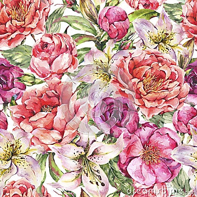 Vintage Watercolor Seamless Pattern with Blooming Flowers. Roses and Peonies, Royal Lilies Stock Photo