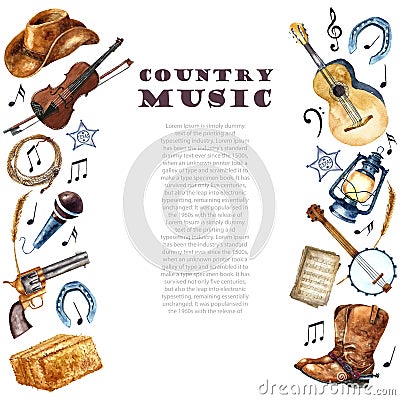 Watercolor country music set. Hand draw illustrations. Stock Photo