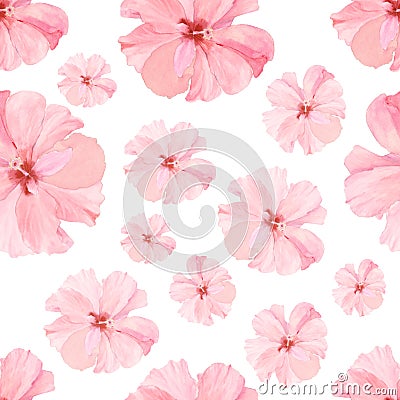 Vintage watercolor seamless pattern with pink hibiskus. Watercolor natural botanical illustration with summer flowers on white bac Cartoon Illustration