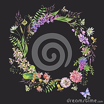 Vintage watercolor summer purple meadow wildflowers wreath Cartoon Illustration