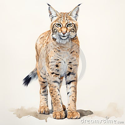 Vintage Watercolored Bobcat Full Body Illustration Stock Photo