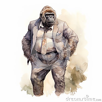 Vintage Watercolored Gorilla Illustration In Full Body Pose Stock Photo