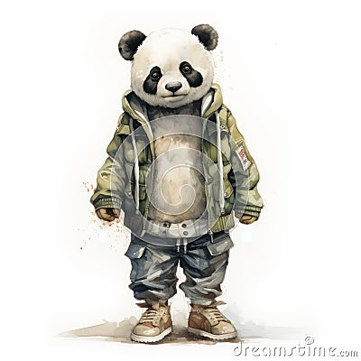 Vintage Watercolored Panda Illustration With Gritty Urban Realism Stock Photo