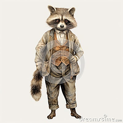 Vintage Watercolored Raccoon Illustration In Full Body Pose Cartoon Illustration