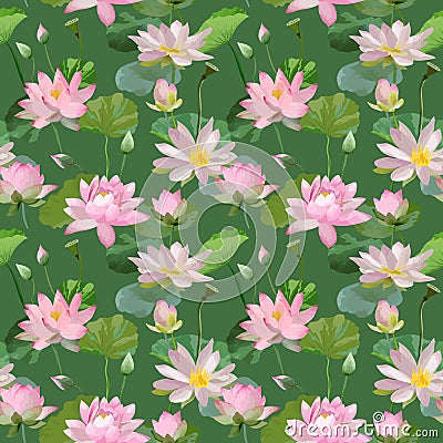 Vintage Waterlily Flowers in Watercolor Style. Seamless Background Vector Illustration