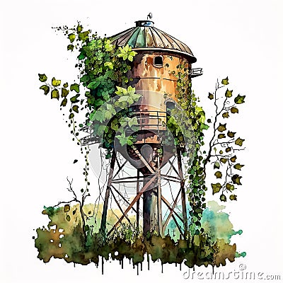 Vintage Watertower with Colorful Blooms: Watercolor Illustration of an Abandoned Structure AI Generated Stock Photo