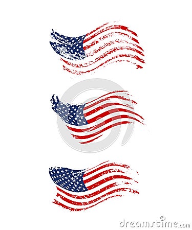 Vintage waving USA flag set. Vector waving American flags on grunge texture. Vector Illustration