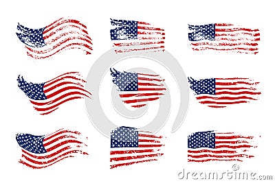 Vintage waving USA flag set. Vector waving American flags on grunge texture. Vector Illustration