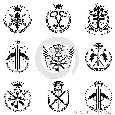 Vintage Weapon Emblems set. Vintage vector design elements collection. Retro style label, heraldry. Vector Illustration