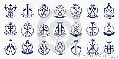 Vintage weapon vector logos or emblems, heraldic design elements big set, classic style heraldry military war armory symbols, Vector Illustration
