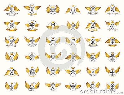 Vintage weapon vector logos or emblems, heraldic design elements big set, classic style heraldry military war armory symbols, Vector Illustration