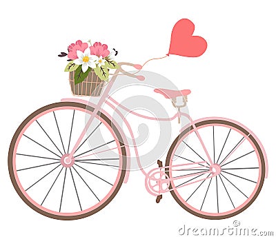 Vintage wedding bicycle with heart baloon and flowers Valentines Vector Illustration