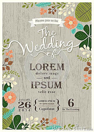 Vintage wedding invitation card with cute flourish background Vector Illustration