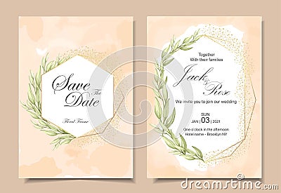 Vintage Wedding Invitation Cards wih Watercolor Background Texture, Geometric Golden Frame, and Watercolor Hand Drawing Leaves. Stock Photo