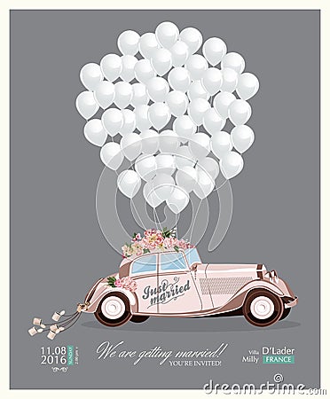 Vintage wedding invitation with just married retro car and white balloons Vector Illustration