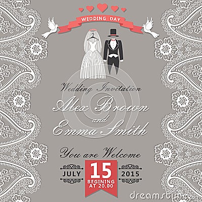 Vintage wedding invitation with Paisley border,cartoon wedding c Vector Illustration