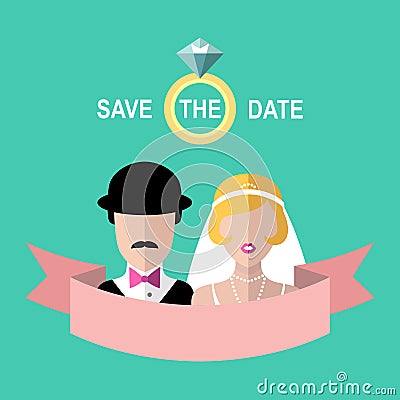 Vintage wedding romantic invitation card with ribbon, ring, bride and groom in flat style. Save the Date invitation. Vector Illustration