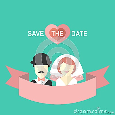 Vintage wedding romantic invitation card with ribbon, ring, bride and groom in flat style. Save the Date invitation. Vector Illustration