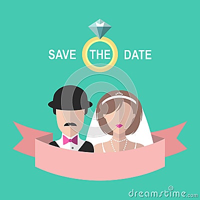 Vintage wedding romantic invitation card with ribbon, ring, bride and groom in flat style. Save the Date invitation. Vector Illustration