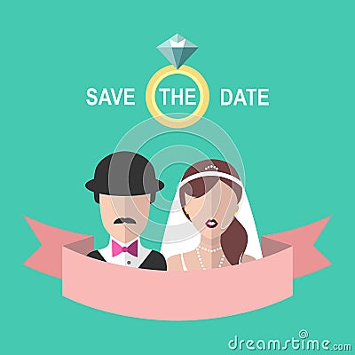Vintage wedding romantic invitation card with ribbon, ring, bride and groom in flat style. Save the Date invitation. Vector Illustration
