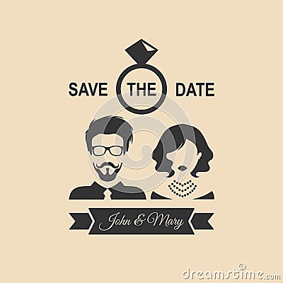 Vintage wedding romantic invitation card with ribbon,ring, bride and groom in flat style.Save the Date invite in vector. Vector Illustration