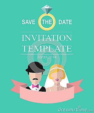 Vintage wedding romantic invitation card with ribbon, ring, bride and groom in flat style. Save the Date in vector. Vector Illustration