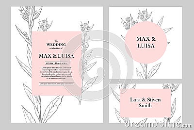 Vintage wedding set with botanical. Wedding invitation, save the date, reception card. Wedding concept. Floral poster Vector Illustration