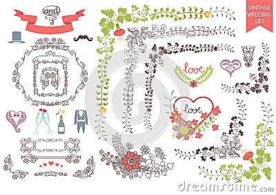 Vintage wedding set.Floral decor,icons, swirling Vector Illustration