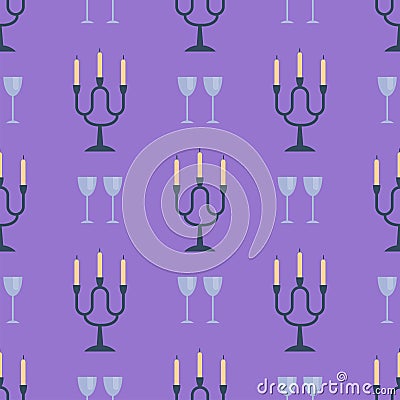 Vintage wedding three armed candle holder seamless pattern candelabra with burning white wax candlesticks vector Vector Illustration