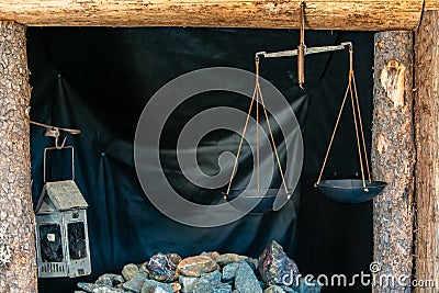Vintage weigh scale and metallic lantern Editorial Stock Photo
