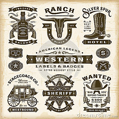 Vintage Western Labels And Badges Set Vector Illustration