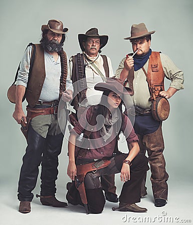 Vintage, western and portrait of cowboy in studio with fashion for halloween, costume and character. Man, woman and Stock Photo