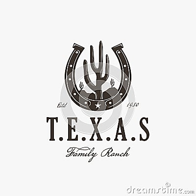 Vintage western stamp label horseshoe and desert cactus logo, cowboy ranch logo vector Vector Illustration