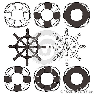 Vintage wheel and lifebuoy. Hand drawn decorative elements Vector Illustration