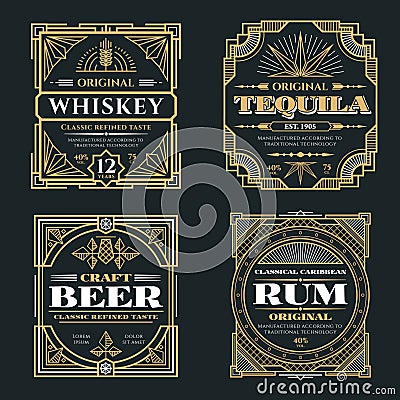 Vintage whiskey and alcoholic beverages vector labels in art deco retro style Vector Illustration