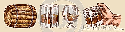 Vintage Whiskey set. Wooden barrel, scotch and bourbon, wheat and rye, Glass bottle, Victorian man, cheers toast. Strong Vector Illustration